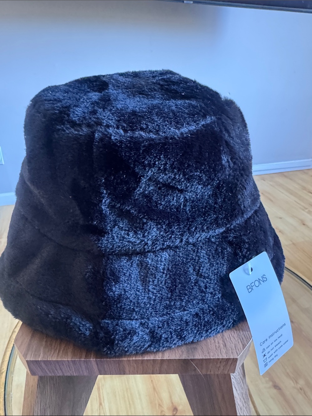BFONS Black Faux Fur Bucket Hat